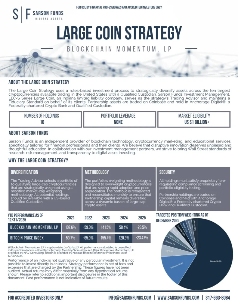 Large Coin Strategy Fact Card Page 1 detailing the Blockchain Momentum investment strategy, diversification, and performance as of December 2025.