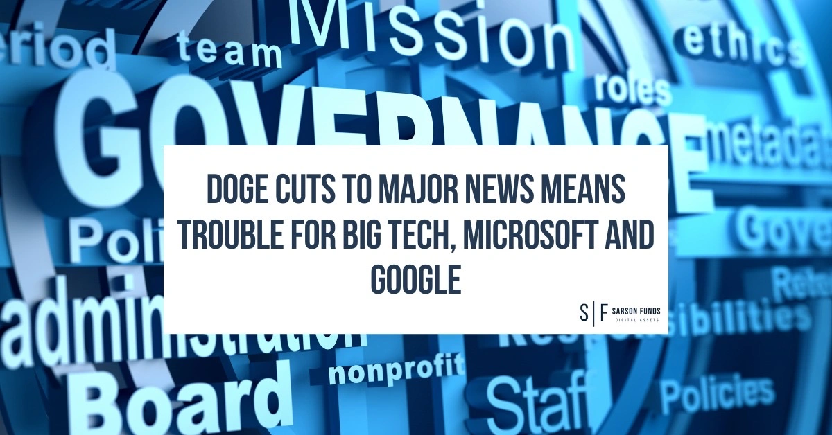 Text overlay on blue 3D word cloud with terms like governance, metadata, and nonprofit. Title reads: DOGE cuts to major news means trouble for Big Tech, Microsoft and Google.
