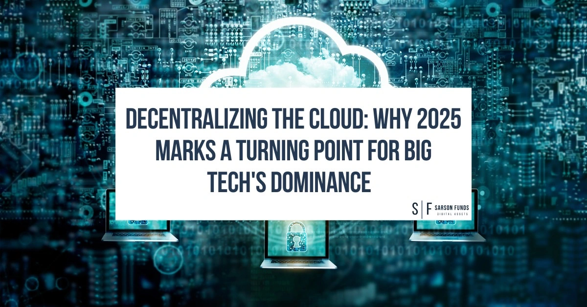 Illustration of cloud computing with a central cloud icon overlaid on a digital circuit board, surrounded by laptops and security icons, representing decentralized cloud infrastructure.
