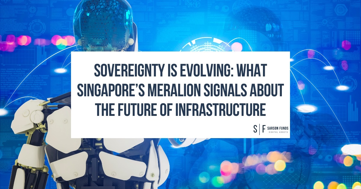 Illustration of a humanoid robot against a digital network backdrop with the headline "Sovereignty Is Evolving: What Singapore’s MERALioN Signals About the Future of Infrastructure"