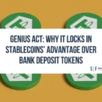 Tether stablecoin icons on gold background with headline "GENIUS Act: Why It Locks In Stablecoins’ Advantage Over Bank Deposit Tokens"
