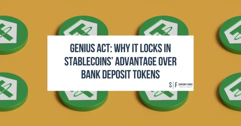 Tether stablecoin icons on gold background with headline "GENIUS Act: Why It Locks In Stablecoins’ Advantage Over Bank Deposit Tokens"