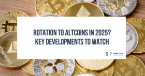 Bitcoin, Ethereum, and other altcoin physical tokens displayed on a table, illustrating cryptocurrency diversification.