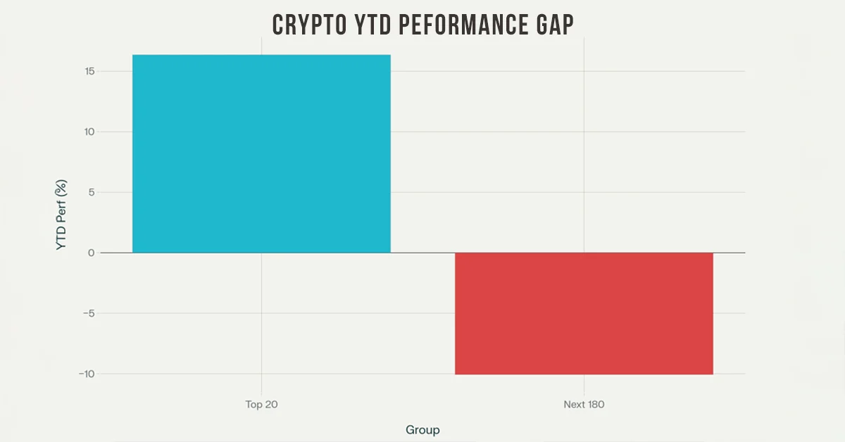Bar chart comparing year-to-date performance of top 20 vs next 180 cryptocurrencies.