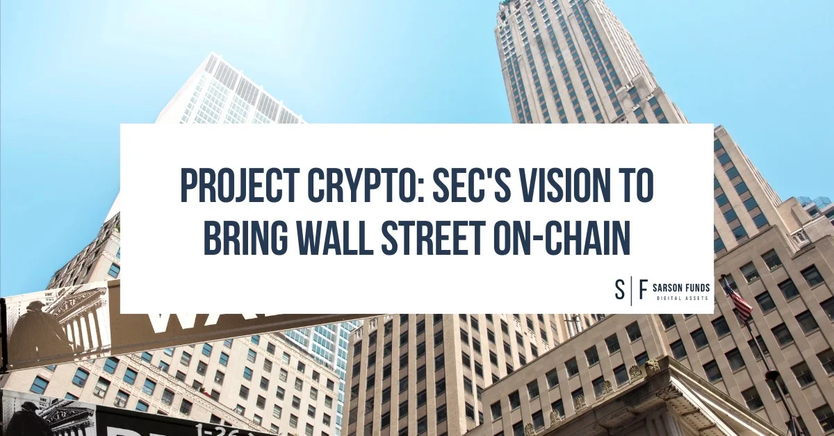 Tall skyscrapers on Wall Street with a bold white banner overlaid reading “Project Crypto: SEC’s Vision to Bring Wall Street On-Chain,” published by Sarson Funds.