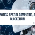 Close-up of a robot head with blockchain and spatial computing icons in the background.