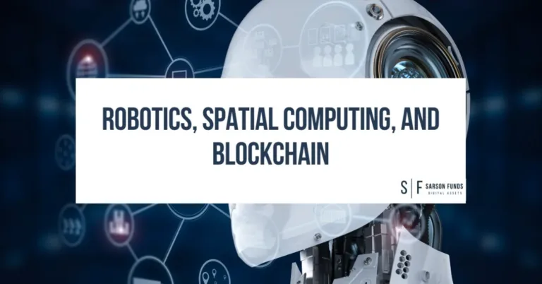 Close-up of a robot head with blockchain and spatial computing icons in the background.