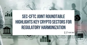 Business professionals in a tech-themed setting with crypto and finance icons overlaid