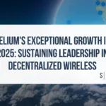 Global map and Helium logo behind a headline highlighting Helium's 2025 growth.