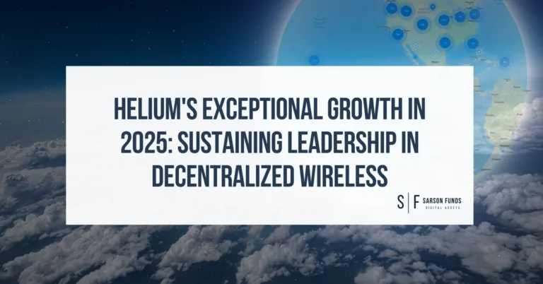 Global map and Helium logo behind a headline highlighting Helium's 2025 growth.