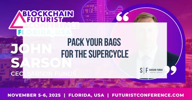 Pack Your Bags for the Super Cycle keynote title screen at Blockchain Futurist Conference 2025