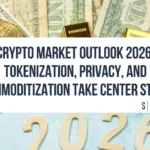 Cryptocurrency tokens, gold bars, and U.S. dollars behind a 2026 graphic.