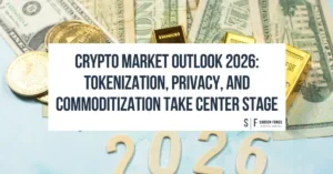 Cryptocurrency tokens, gold bars, and U.S. dollars behind a 2026 graphic.