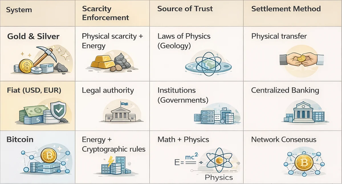 Comparison of gold, fiat currency, and Bitcoin showing scarcity enforcement, source of trust, and settlement method