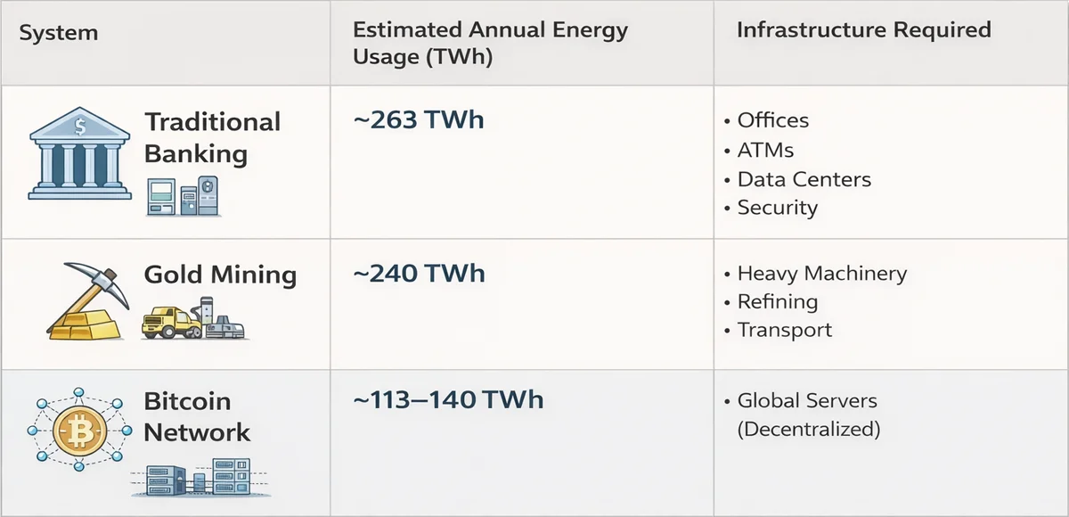 Annual energy usage comparison of traditional banking, gold mining, and the Bitcoin network