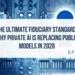 Blue circuit board background with the title “The Ultimate Fiduciary Standard: Why Private AI Is Replacing Public Models in 2026” and Sarson Funds logo.