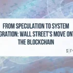Digital illustration of Wall Street transitioning to blockchain-based financial infrastructure with stock charts and network nodes
