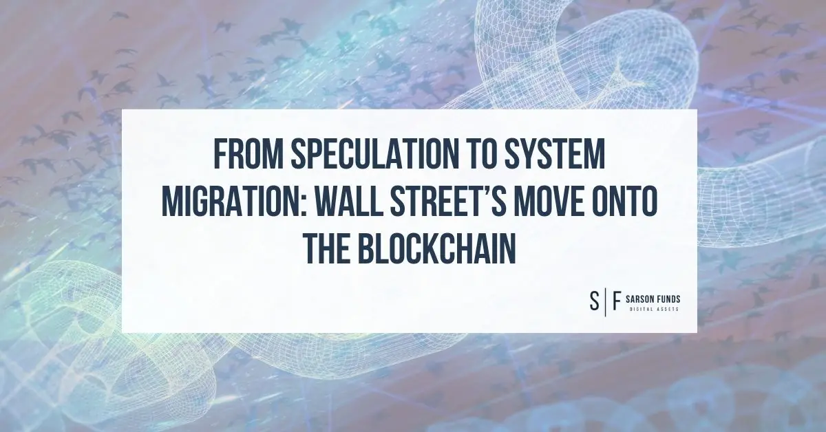 Digital illustration of Wall Street transitioning to blockchain-based financial infrastructure with stock charts and network nodes