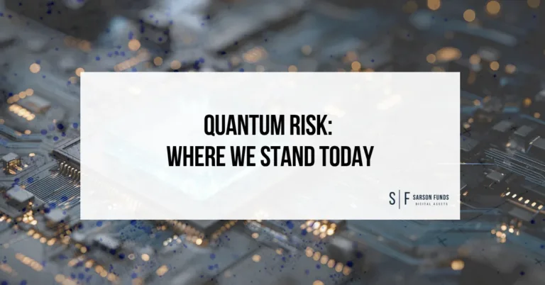 Quantum computing chip with overlay text “Quantum Risk: Where We Stand Today” and Sarson Funds branding.