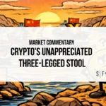 Illustration of oil tankers and Chinese flags in the Strait of Hormuz with crypto market commentary overlay