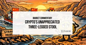 Illustration of oil tankers and Chinese flags in the Strait of Hormuz with crypto market commentary overlay