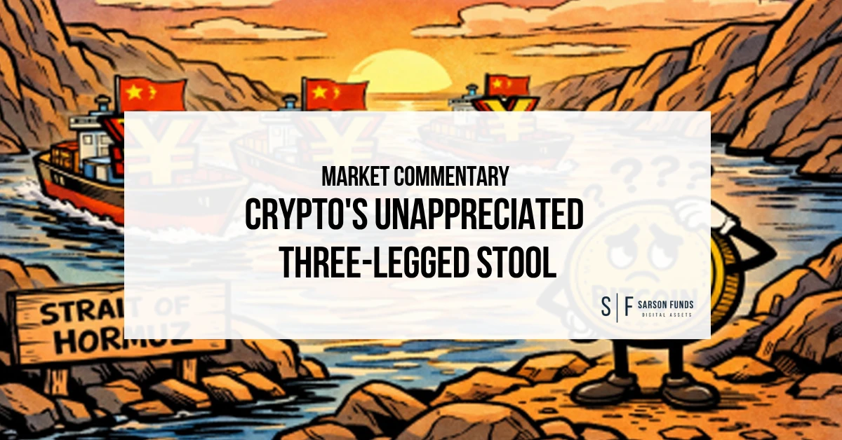 Illustration of oil tankers and Chinese flags in the Strait of Hormuz with crypto market commentary overlay