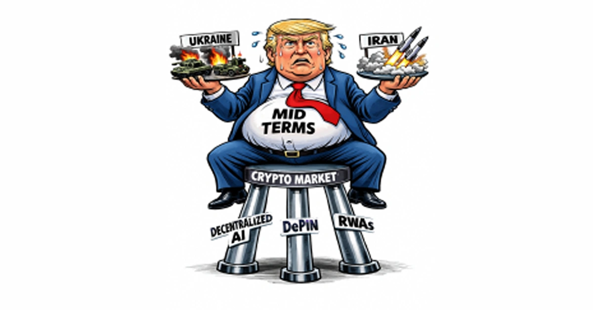 Three-legged stool labeled decentralized AI, DePIN, and RWAs supporting the crypto market under political pressure