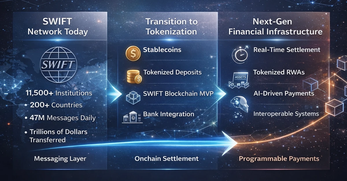 SWIFT and blockchain payments infographic showing the shift from messaging networks to tokenized settlement and stablecoin infrastructure