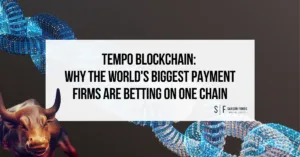 Tempo Blockchain title graphic with a digital chain, a bronze bull and Sarson Funds branding.