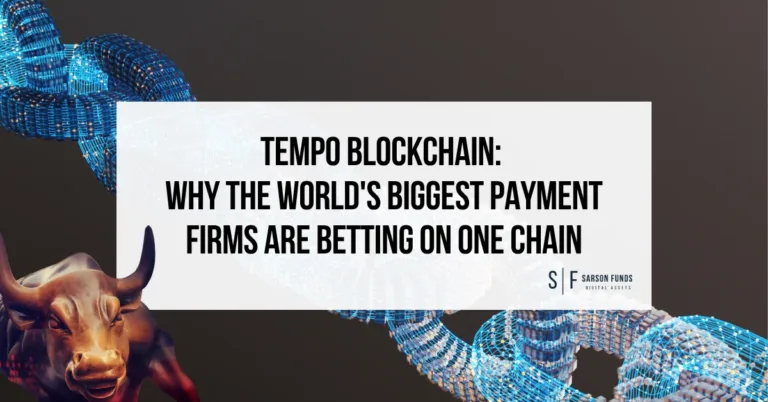 Tempo Blockchain title graphic with a digital chain, a bronze bull and Sarson Funds branding.