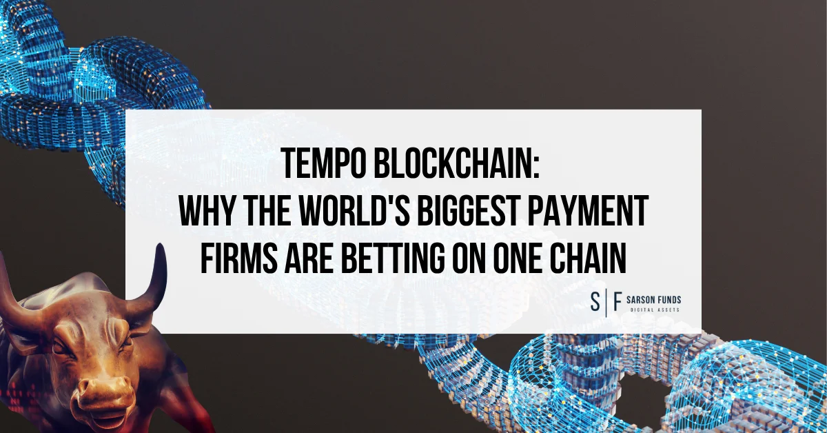 Tempo Blockchain title graphic with a digital chain, a bronze bull and Sarson Funds branding.