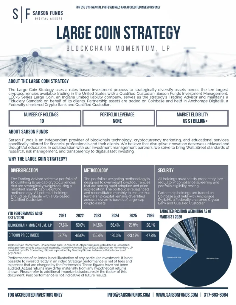 Large Coin Strategy Fact Card Page 1 detailing the Blockchain Momentum investment strategy, diversification, and performance as of March 2026.