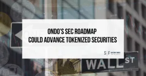 Ondo’s SEC roadmap title graphic overlaid on crypto markets, Wall Street imagery and trading charts.