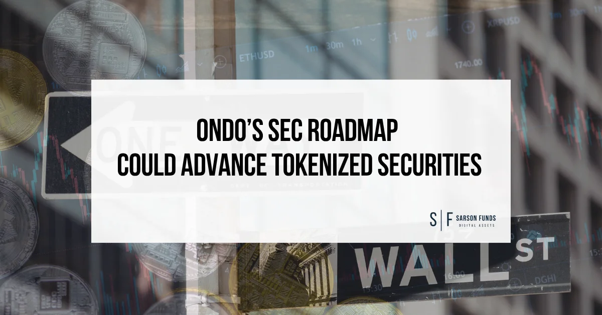 Ondo’s SEC roadmap title graphic overlaid on crypto markets, Wall Street imagery and trading charts.