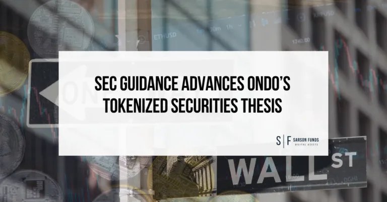 SEC Guidance advances Ondo Tokenized Securities thesis title graphic overlaid on crypto markets, Wall Street imagery and trading charts.