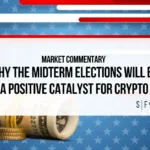 Bitcoin and U.S. dollar imagery against an American flag backdrop representing the impact of midterm elections on cryptocurrency markets