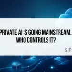 Private AI blog graphic showing connected devices, cloud infrastructure and decentralized network nodes with Sarson Funds branding.