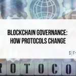 Blockchain governance title graphic with protocol blocks, digital gears and Sarson Funds branding.