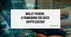 Wallet hygiene and crypto custody graphic featuring a hardware wallet, binary code and Sarson Funds branding.