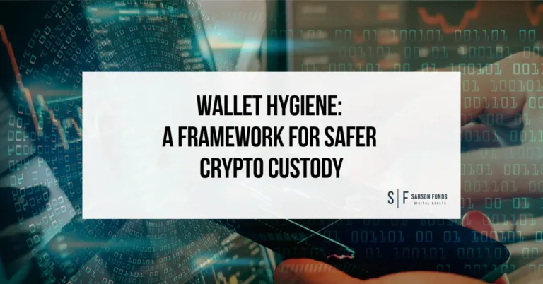 Wallet hygiene and crypto custody graphic featuring a hardware wallet, binary code and Sarson Funds branding.