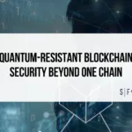 Quantum-resistant blockchain security graphic with digital code, network lines and Sarson Funds branding.
