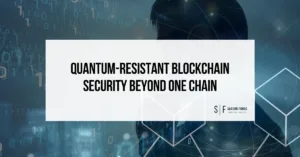 Quantum-resistant blockchain security graphic with digital code, network lines and Sarson Funds branding.
