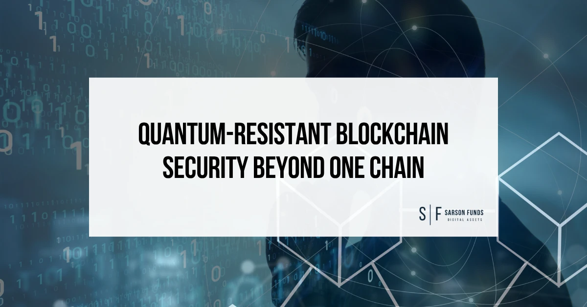 Quantum-resistant blockchain security graphic with digital code, network lines and Sarson Funds branding.
