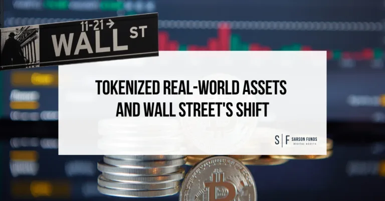 Wall Street sign over cryptocurrency coins and market data with the title “Tokenized Real-World Assets and Wall Street’s Shift”