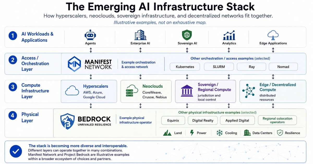 Emerging AI infrastructure stack showing workloads, orchestration, compute infrastructure and physical infrastructure layers