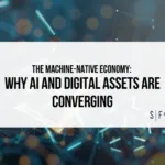 Sarson Funds graphic titled “The Machine-Native Economy: Why AI and Digital Assets Are Converging” over a digital network background.