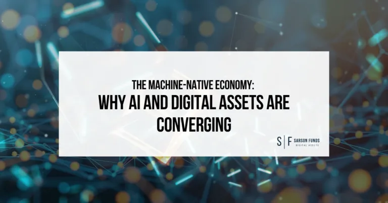 Sarson Funds graphic titled “The Machine-Native Economy: Why AI and Digital Assets Are Converging” over a digital network background.