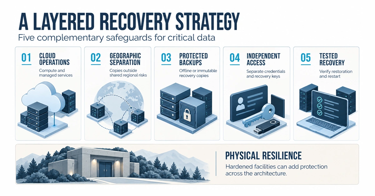 Five recovery safeguards: cloud operations, geographic separation, protected backups, independent access and tested recovery, supported by hardened facilities.