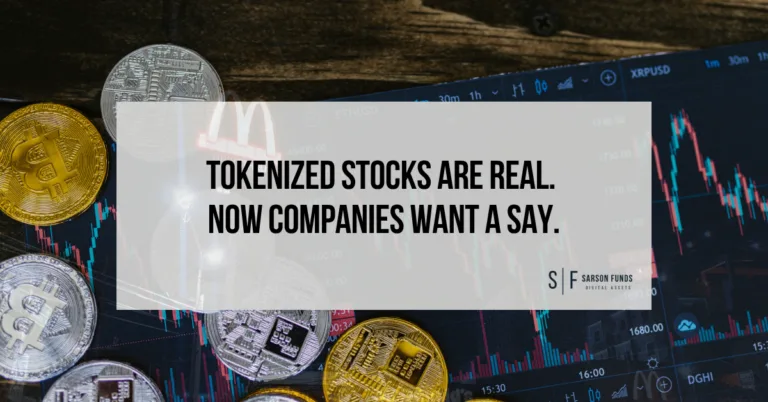 Cryptocurrency coins over a trading chart with the headline “Tokenized Stocks Are Real. Now Companies Want a Say.”