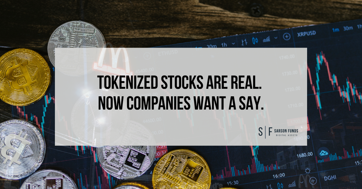 Cryptocurrency coins over a trading chart with the headline “Tokenized Stocks Are Real. Now Companies Want a Say.”